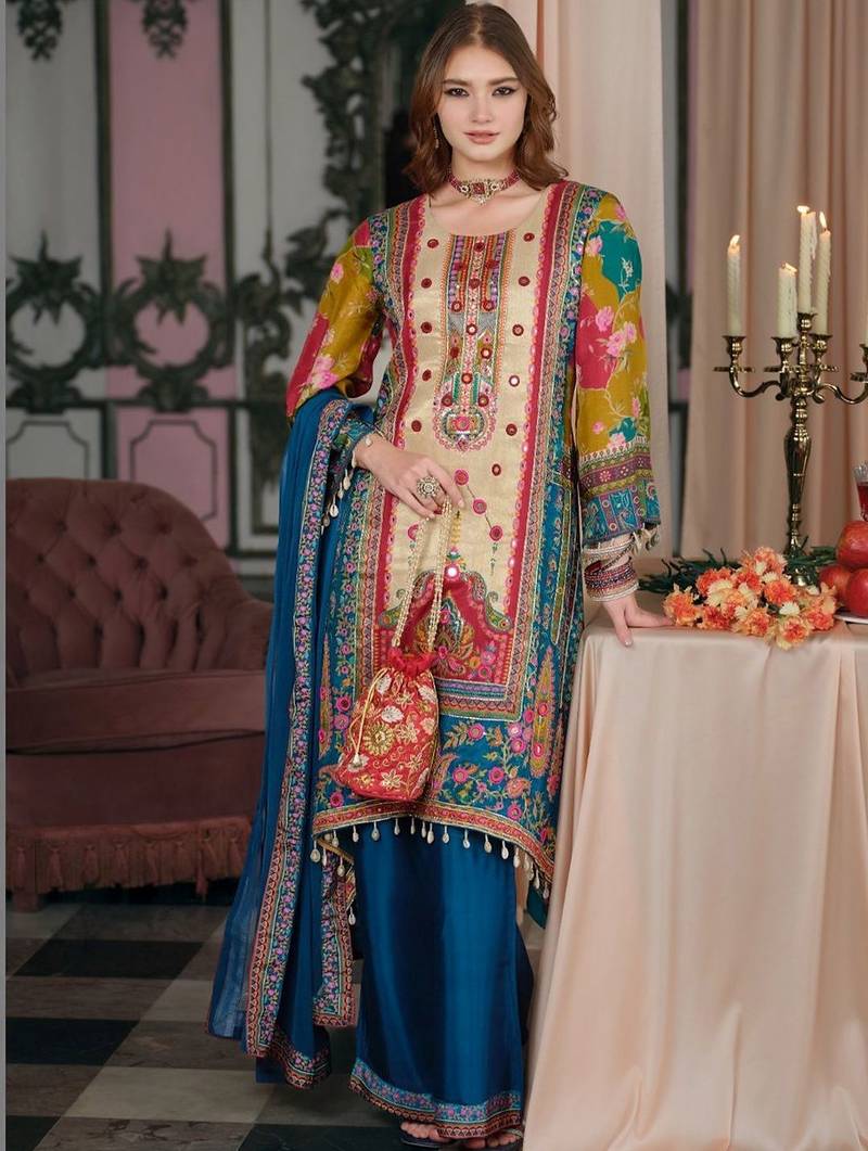 Women Ethnic Motifs Printed Regular Mirror Work Kurta with Palazzos & With Dupatta