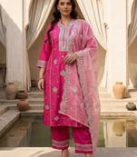 Plus Size Embroidered Regular Thread Work Kurta with Trousers & With Dupatta