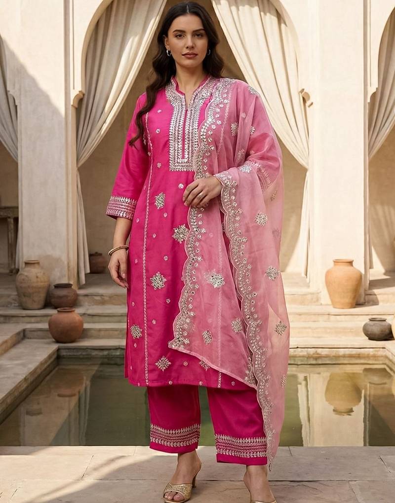 Plus Size Embroidered Regular Thread Work Kurta with Trousers & With Dupatta