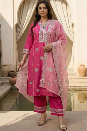 Plus Size Embroidered Regular Thread Work Kurta with Trousers & With Dupatta