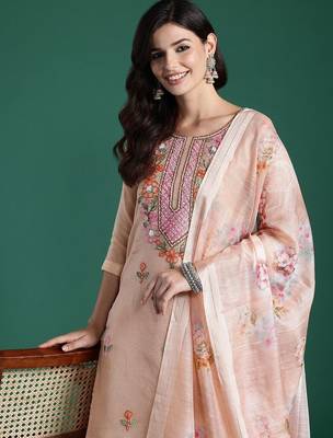 Women Floral Embroidered Thread Work Cotton Kurta with Trousers & With Dupatta 1