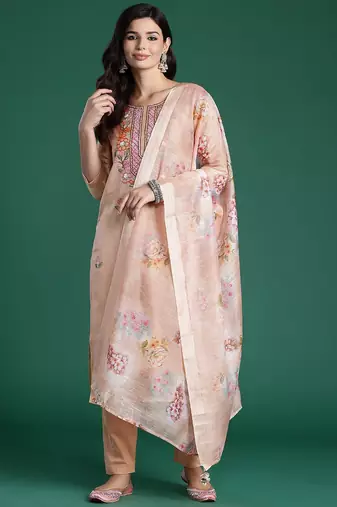 Women Floral Embroidered Thread Work Cotton Kurta with Trousers & With Dupatta