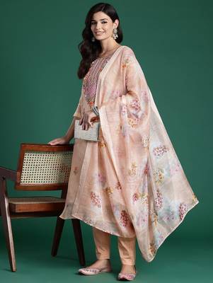 Women Floral Embroidered Thread Work Cotton Kurta with Trousers & With Dupatta 8