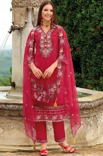 Women Floral Embroidered Regular Thread Work Kurta with Trousers & With Dupatta