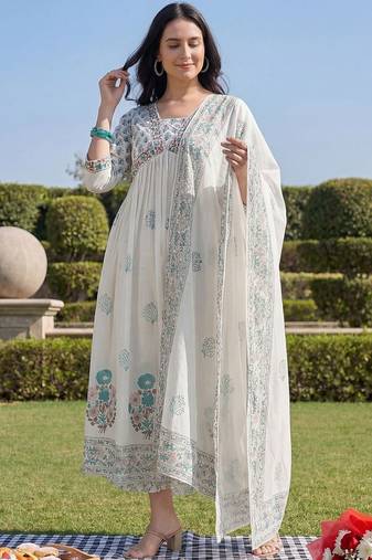 Women Floral Printed Empire Pure Cotton Kurta with Trousers & With Dupatta