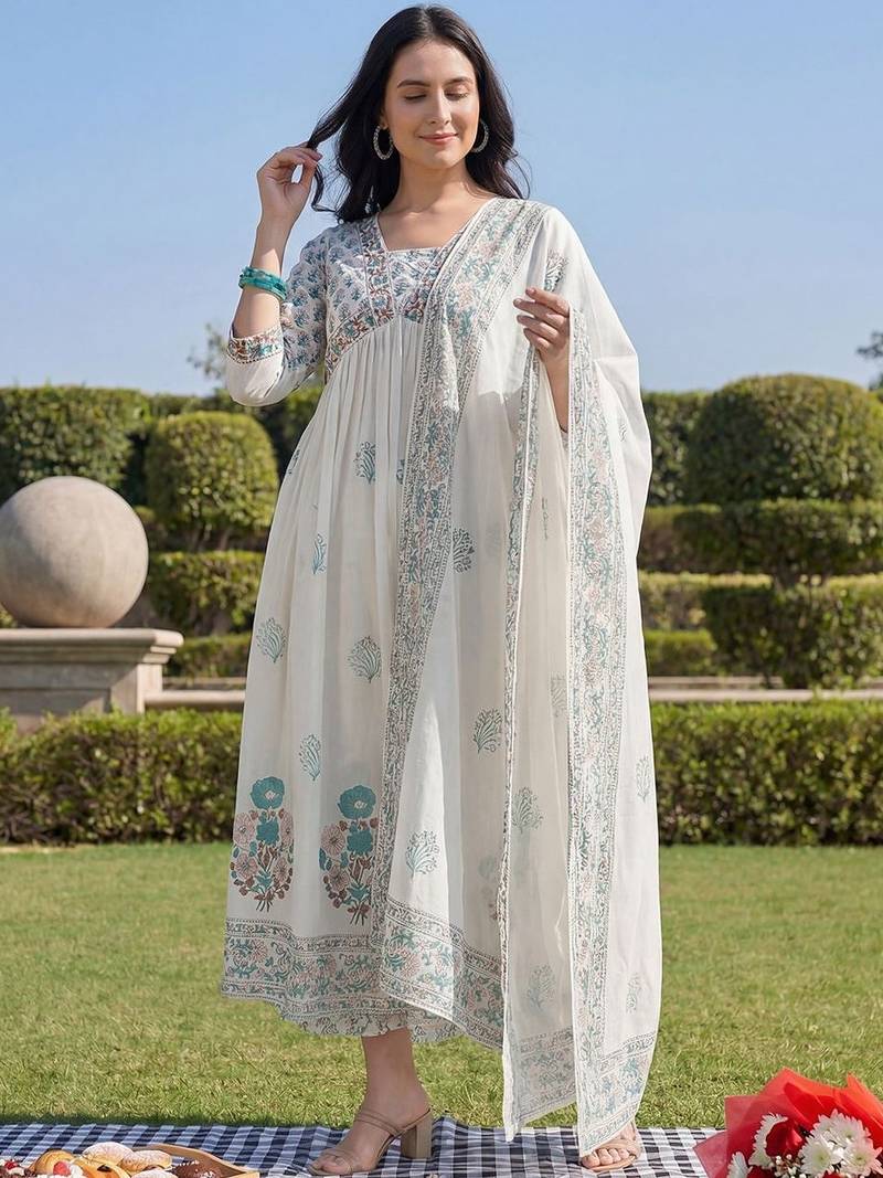Women Floral Printed Empire Pure Cotton Kurta with Trousers & With Dupatta