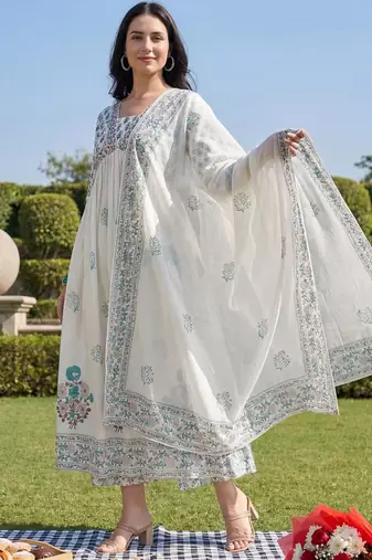 Women Floral Printed Empire Pure Cotton Kurta with Trousers & With Dupatta