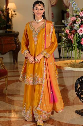 Women Ethnic Motifs Embroidered Empire Thread Work Kurta with Sharara & With Dupatta