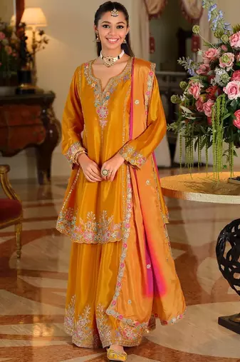 Women Ethnic Motifs Embroidered Empire Thread Work Kurta with Sharara & With Dupatta