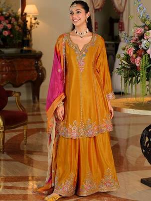 Women Ethnic Motifs Embroidered Empire Thread Work Kurta with Sharara & With Dupatta 5