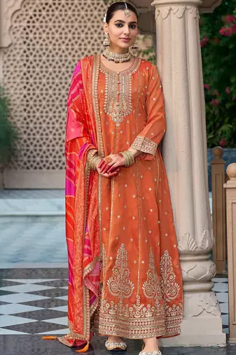 Ethnic Motifs Embroidered Sequinned Anarkali Kurta with Trouser & Dupatta