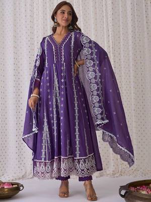 Ethnic Motifs Embroidered Pure Cotton A-Line Kurta Trousers & Dupatta 1