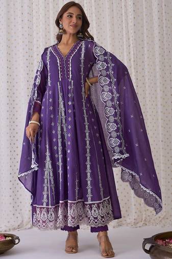 Ethnic Motifs Embroidered  Cotton A-Line Kurta Trousers & Dupatta