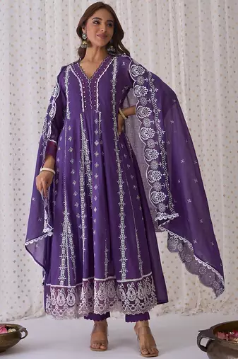 Ethnic Motifs Embroidered Pure Cotton A-Line Kurta Trousers & Dupatta