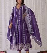 Ethnic Motifs Embroidered Pure Cotton A-Line Kurta Trousers & Dupatta