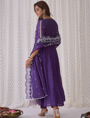 Ethnic Motifs Embroidered Pure Cotton A-Line Kurta Trousers & Dupatta 6