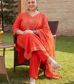 Plus Size Rust Printed Straight Kurta Trousers With Dupatta Set