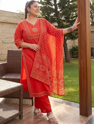 Plus Size Rust Printed Straight Kurta Trousers With Dupatta Set 3