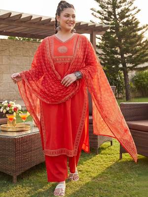 Plus Size Rust Printed Straight Kurta Trousers With Dupatta Set 4
