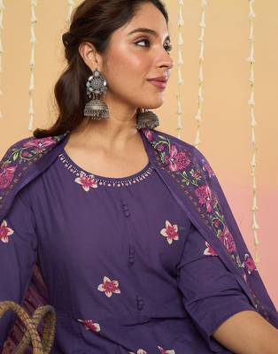 Floral Printed Round Neck Pure Cotton Anarkali With Trousers & Dupatta 1