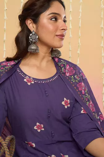 Floral Printed Round Neck Pure Cotton Anarkali With Trousers & Dupatta
