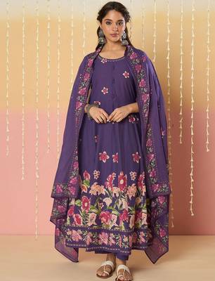Floral Printed Round Neck Pure Cotton Anarkali With Trousers & Dupatta 2