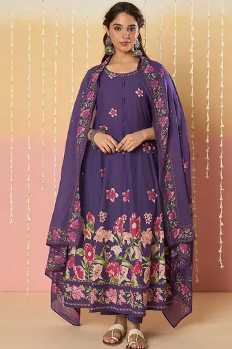Floral Printed Round Neck Pure Cotton Anarkali With Trousers & Dupatta