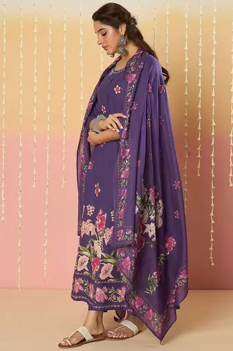 Floral Printed Round Neck Pure Cotton Anarkali With Trousers & Dupatta