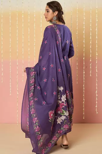 Floral Printed Round Neck Pure Cotton Anarkali With Trousers & Dupatta