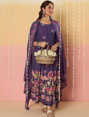 Floral Printed Round Neck Pure Cotton Anarkali With Trousers & Dupatta 7