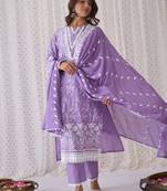 Floral Embroidered Round Neck Pure Cotton Straight Kurta with Trousers & Dupatta