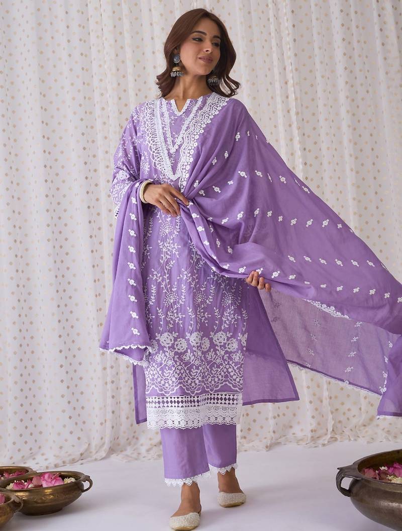 Floral Embroidered Round Neck Pure Cotton Straight Kurta with Trousers & Dupatta