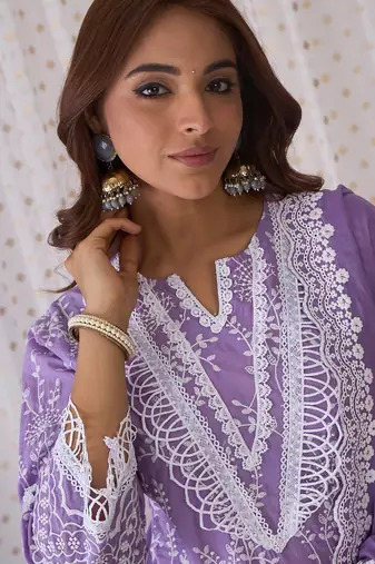 Floral Embroidered Round Neck Pure Cotton Straight Kurta with Trousers & Dupatta