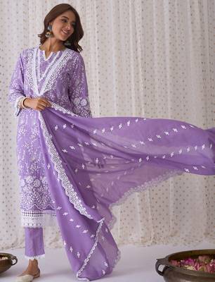 Floral Embroidered Round Neck Pure Cotton Straight Kurta with Trousers & Dupatta 3