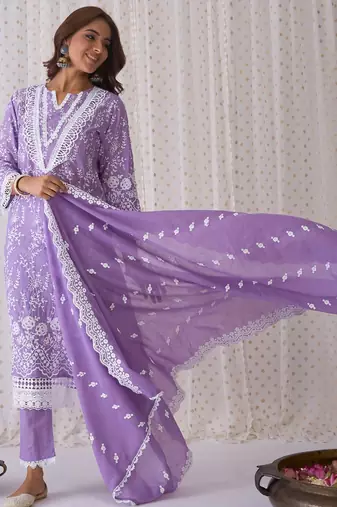 Floral Embroidered Round Neck Pure Cotton Straight Kurta with Trousers & Dupatta