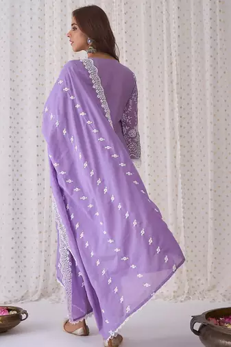 Floral Embroidered Round Neck Pure Cotton Straight Kurta with Trousers & Dupatta