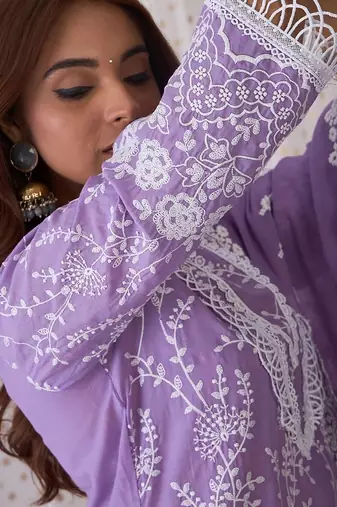Floral Embroidered Round Neck Pure Cotton Straight Kurta with Trousers & Dupatta