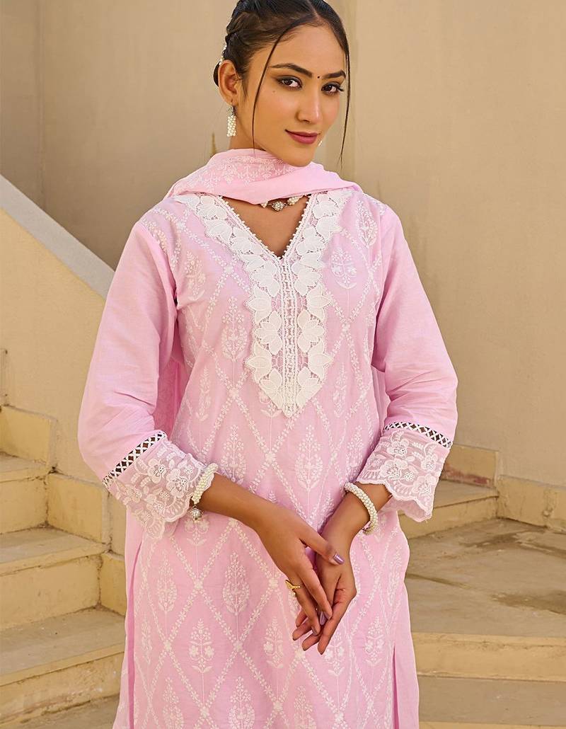 Women Embroidered Regular Thread Work Pure Cotton Kurta Set With Dupatta