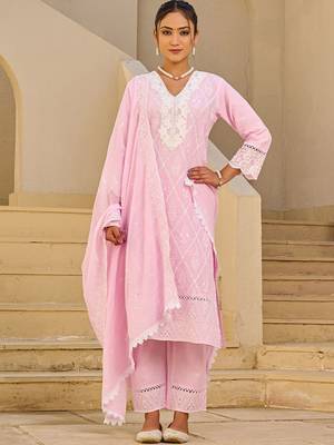 Women Embroidered Regular Thread Work Pure Cotton Kurta Set With Dupatta 2
