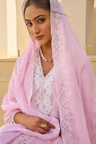 Women Embroidered Regular Thread Work  Cotton Kurta Set With Dupatta