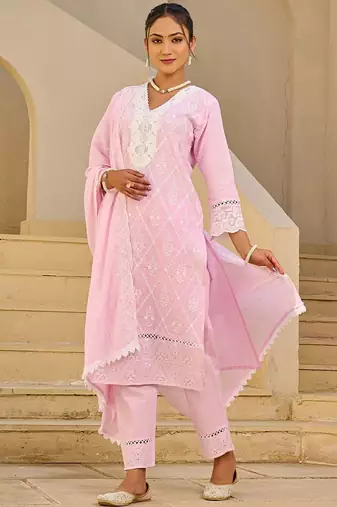 Women Embroidered Regular Thread Work  Cotton Kurta Set With Dupatta