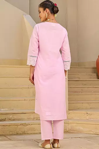 Women Embroidered Regular Thread Work  Cotton Kurta Set With Dupatta