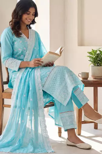 Women Ethnic Motifs Embroidered Regular Chikankari Pure Cotton Kurta with Trousers & With Dupatta