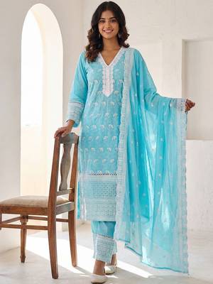 Women Ethnic Motifs Embroidered Regular Chikankari Pure Cotton Kurta with Trousers & With Dupatta 2