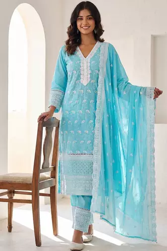 Women Ethnic Motifs Embroidered Regular Chikankari Pure Cotton Kurta with Trousers & With Dupatta