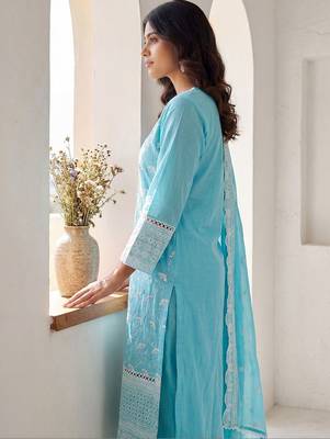 Women Ethnic Motifs Embroidered Regular Chikankari Pure Cotton Kurta with Trousers & With Dupatta 3