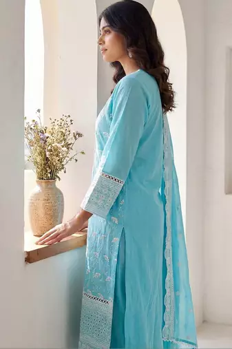 Women Ethnic Motifs Embroidered Regular Chikankari Pure Cotton Kurta with Trousers & With Dupatta