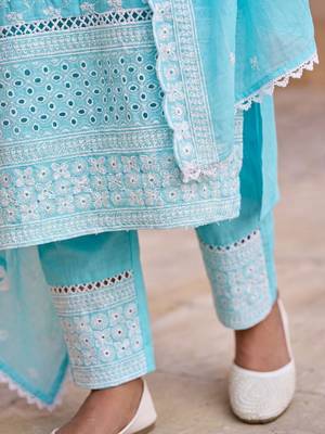 Women Ethnic Motifs Embroidered Regular Chikankari Pure Cotton Kurta with Trousers & With Dupatta 5