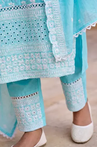 Women Ethnic Motifs Embroidered Regular Chikankari Pure Cotton Kurta with Trousers & With Dupatta