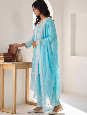 Women Ethnic Motifs Embroidered Regular Chikankari Pure Cotton Kurta with Trousers & With Dupatta 6